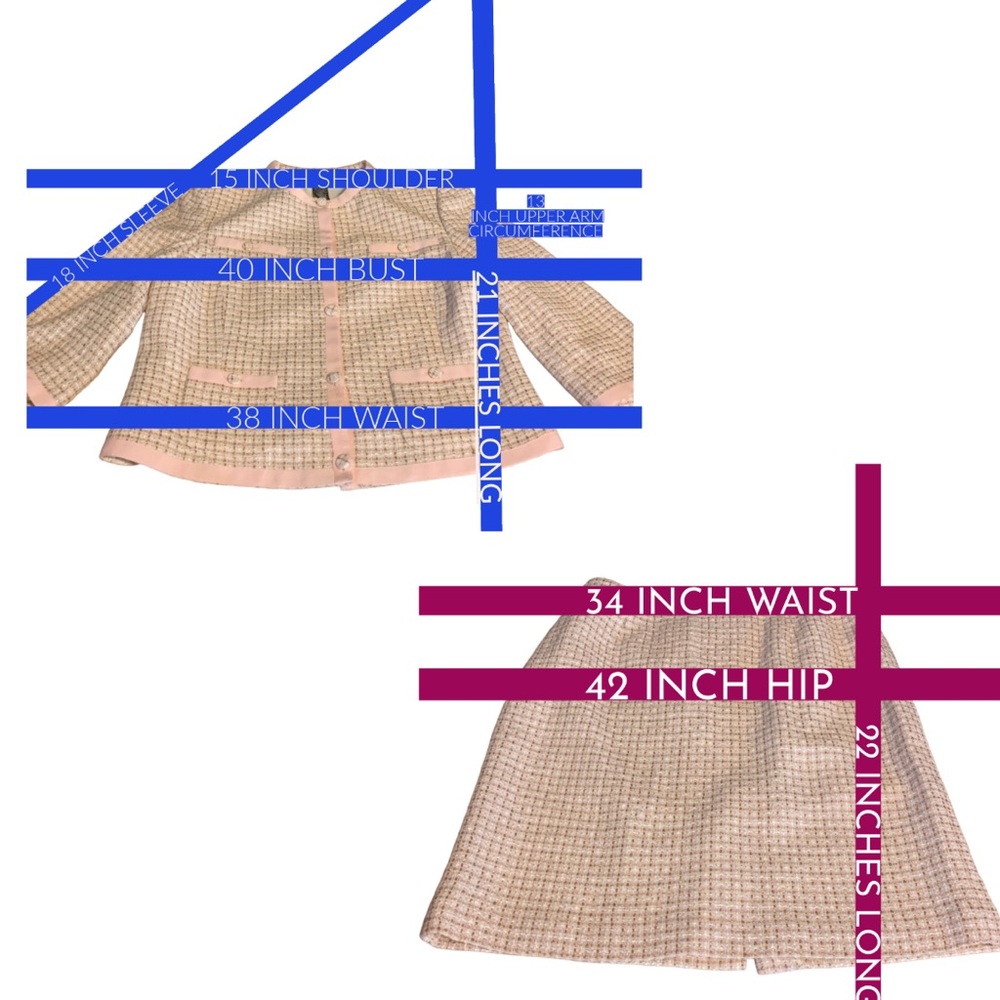 SANDRA PINK & BEIGE TWEED SKIRT SUIT WITH GROSGRAIN RIBBON TRIM (12P) - Picture 14 of 15